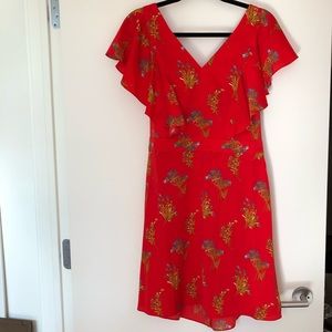 Red floral print short sleeve cross back dress